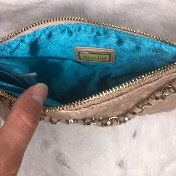 Deux Lux Soft Pink Quilted Clutch with Gold Strap, Bow Detail and Teal Lining - Picture 3 of 5